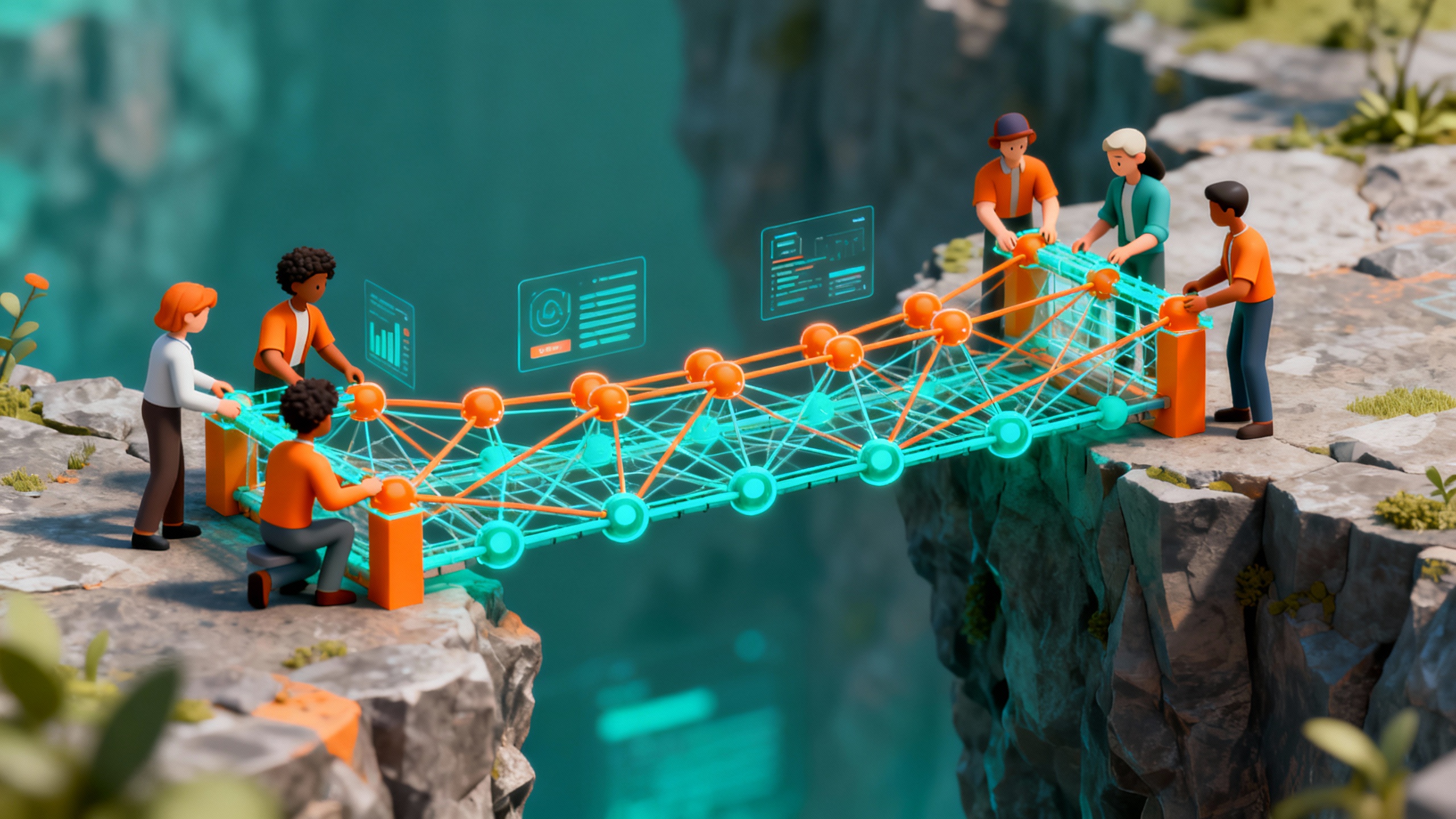 Gamebase learning co-op game - Isometric 3D illustration of a diverse group of avatars working together to build a complex digital bridge across a chasm, representing a Gamebase learning co-op game interface, with data nodes and connection lines in teal and orange, clean digital art style