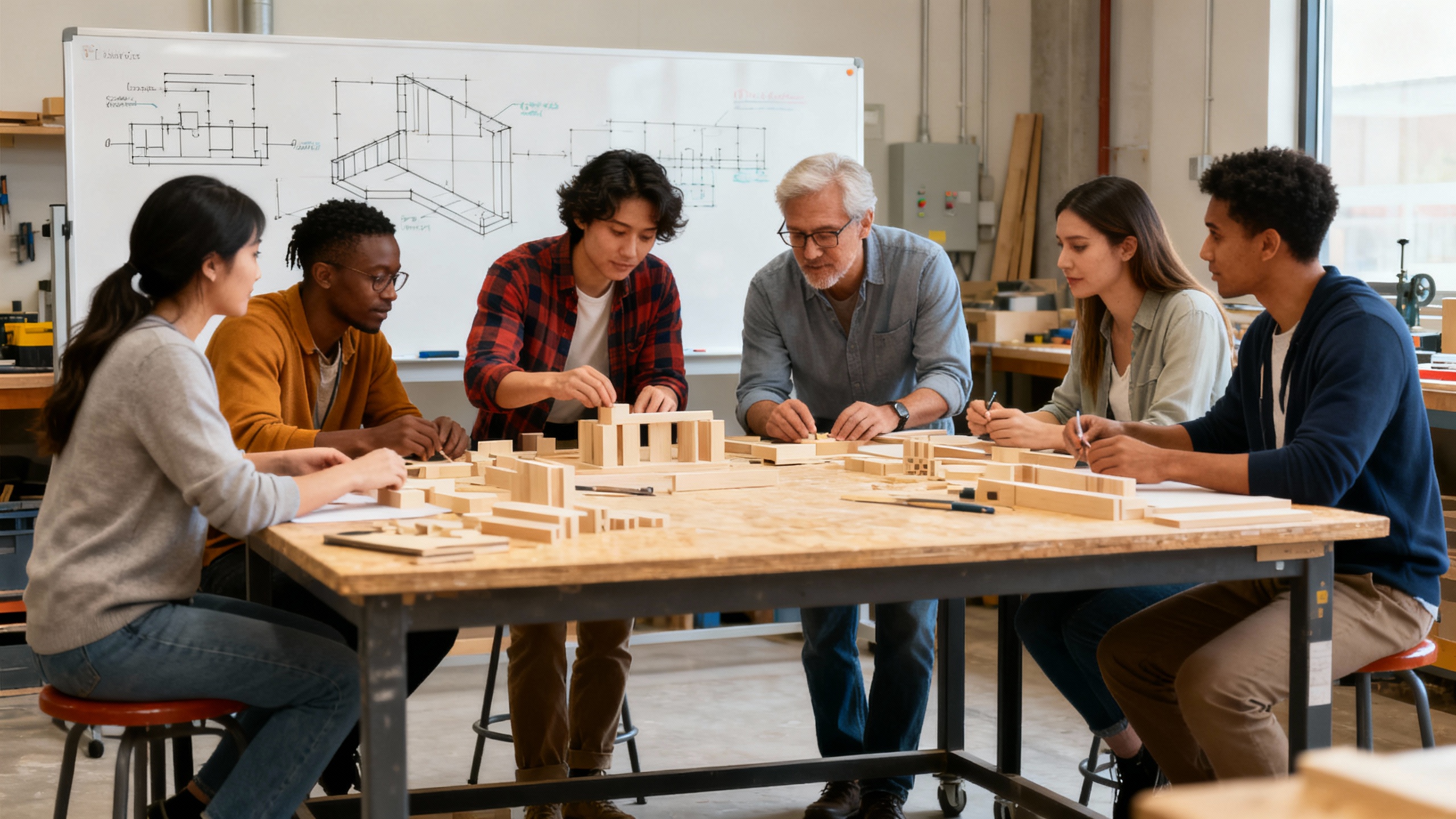 experiential learning courses - Modern bright workshop space with diverse adult students standing around a large table engaging in a hands-on building activity, whiteboard in background with diagrams, energetic atmosphere, professional photography style
