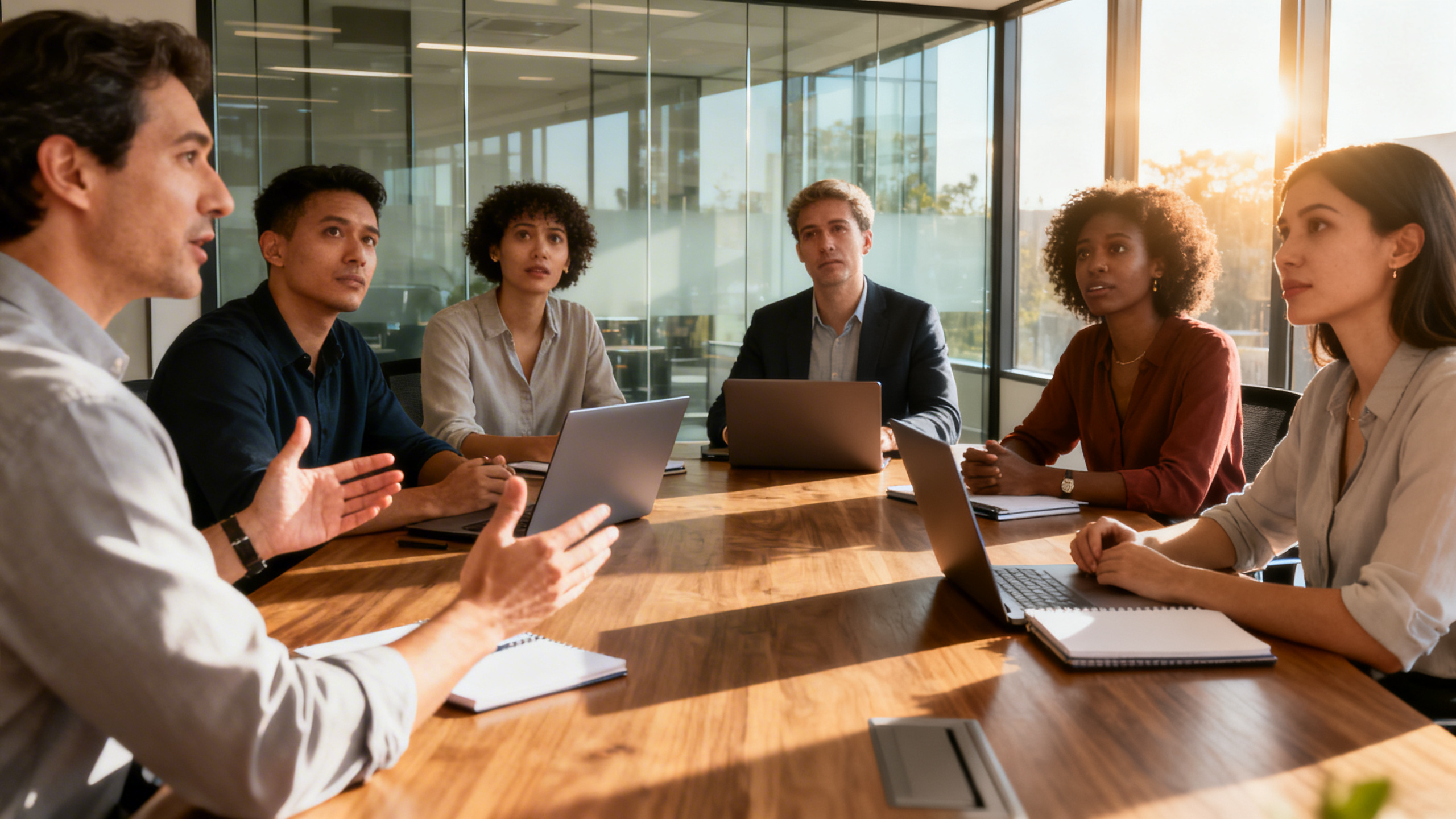 how does perception affect communication - Bright glass-walled office meeting illustrating how perception affects communication, six diverse coworkers around a wooden conference table, one speaker gesturing while others show different reactions through posture and facial expressions, laptops and notebooks visible, soft morning sunlight, realistic professional style
