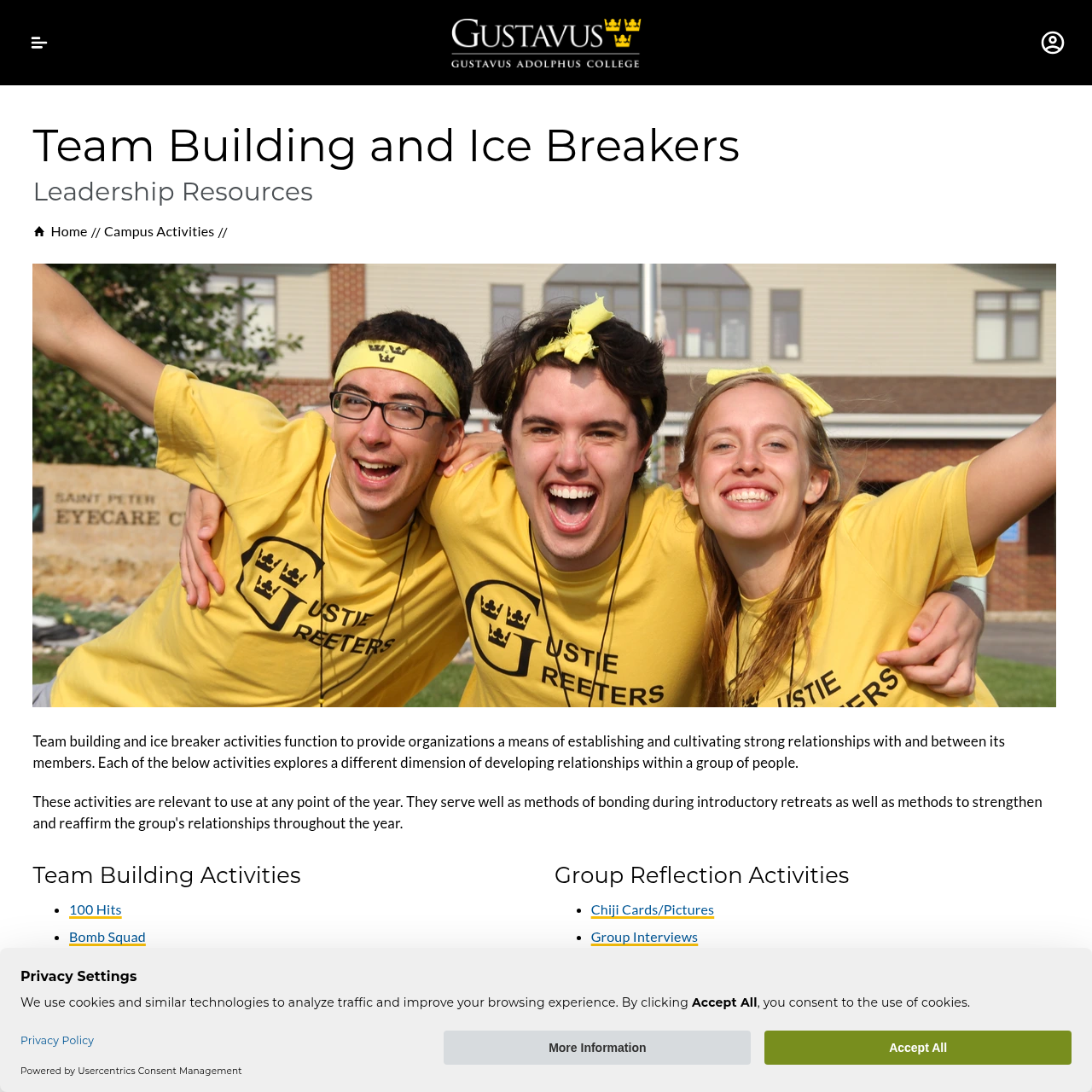 Team Building and Ice Breakers - Leadership Resources | Campus Activities interface