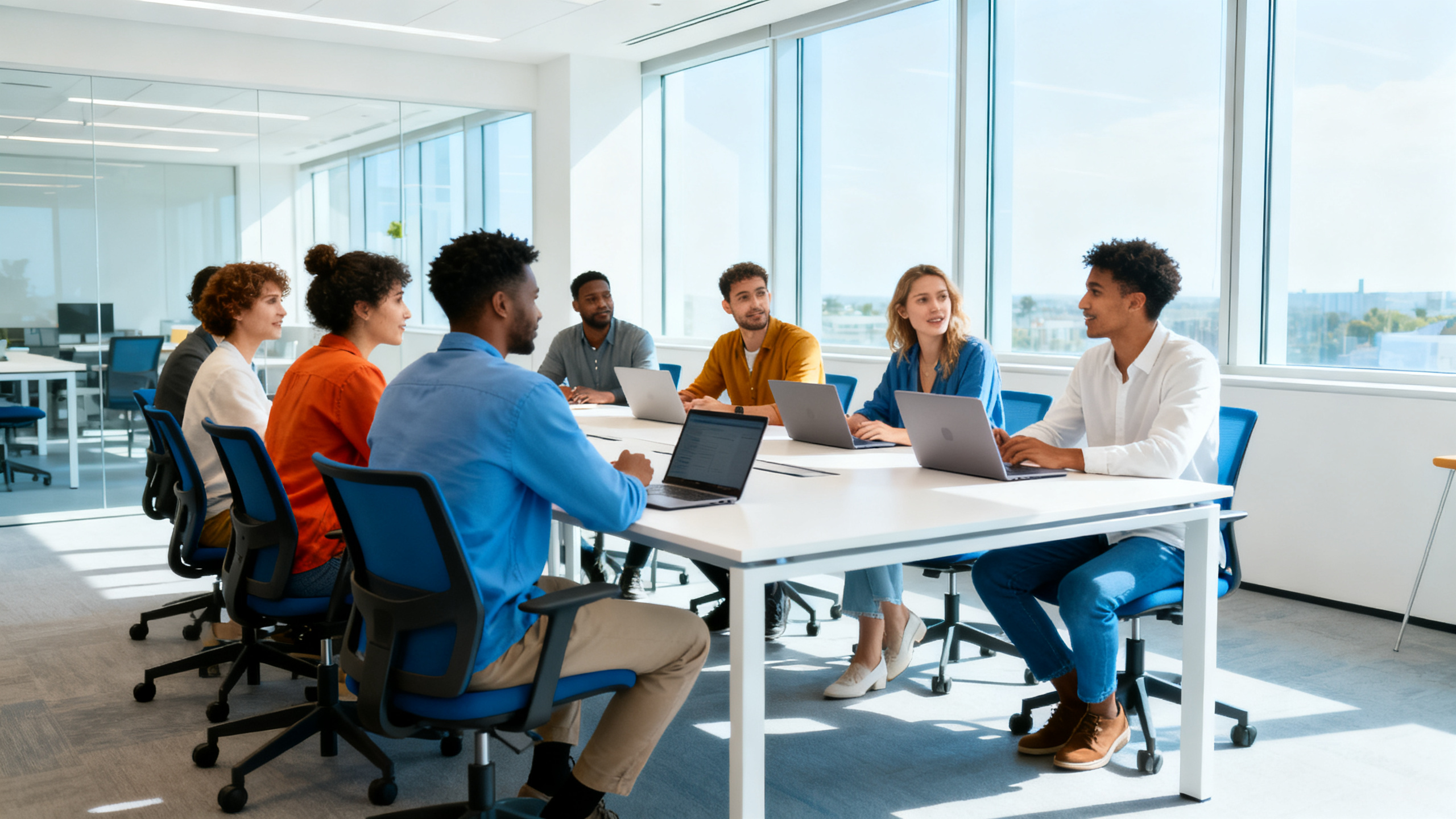 interpersonal skills animation - Bright modern workplace training room with diverse employees seated around a conference table, large wall display showing animated coworkers in a realistic feedback conversation, open laptops and notebooks on table, natural daylight through glass windows, professional corporate setting, realistic photography style